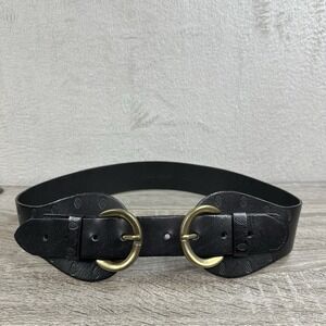 LINEA PELLE Brown Leather Waist Belt Tapered Brass Double Buckle Women's M Vtg